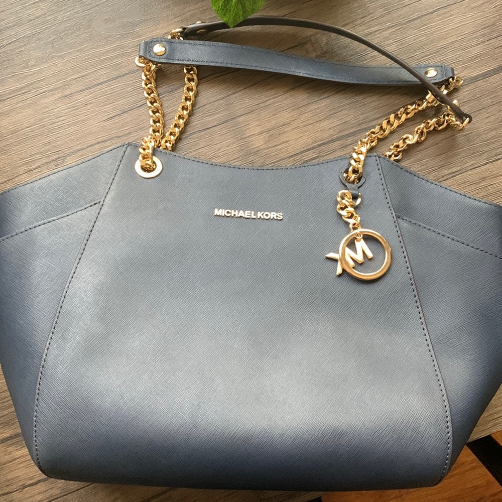 MICHAEL KORS NAVY BLUE leather shoulder tote